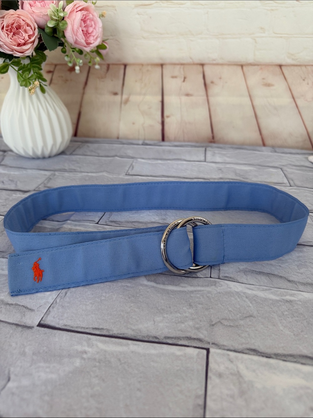 VTG RALPH LAUREN Blue fabric O ring belt buckle adjustable RARE FIND made in USA
